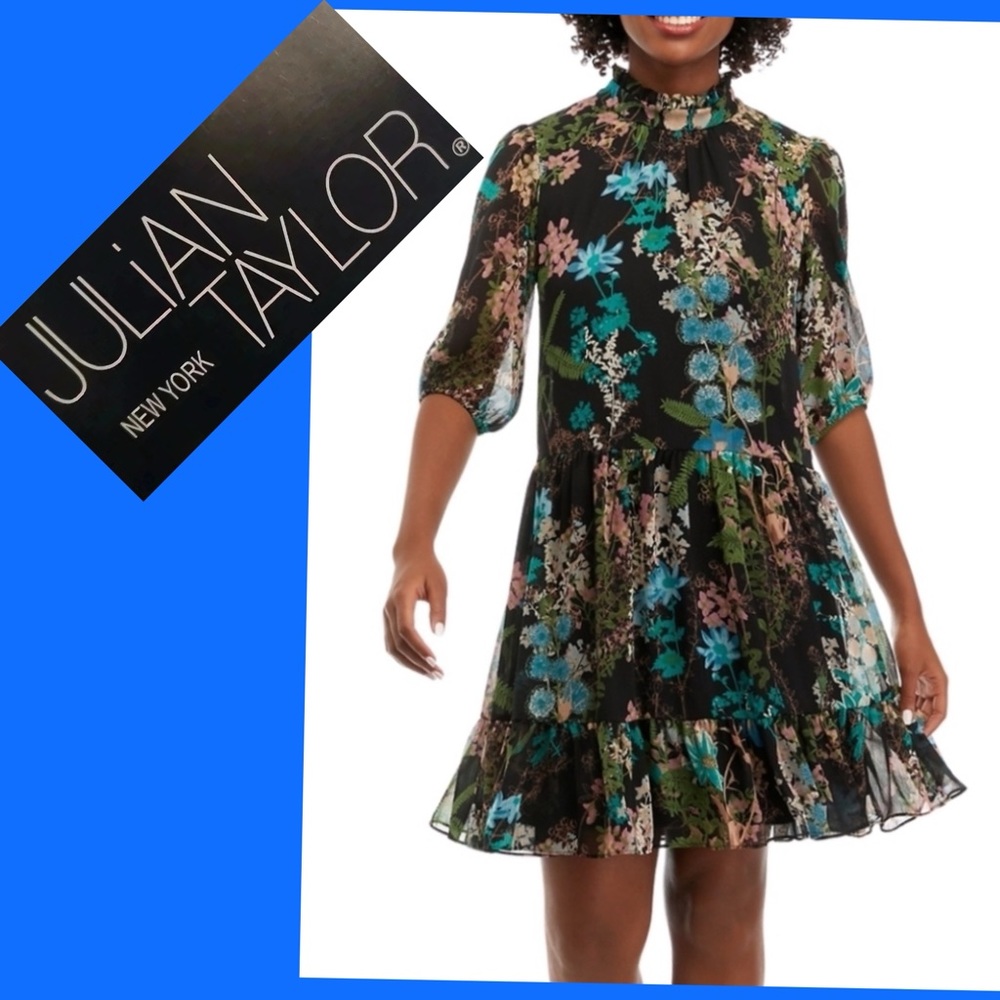 JULIAN TAYLOR Mock Neck Floral A -Line Dress NWT Size 8